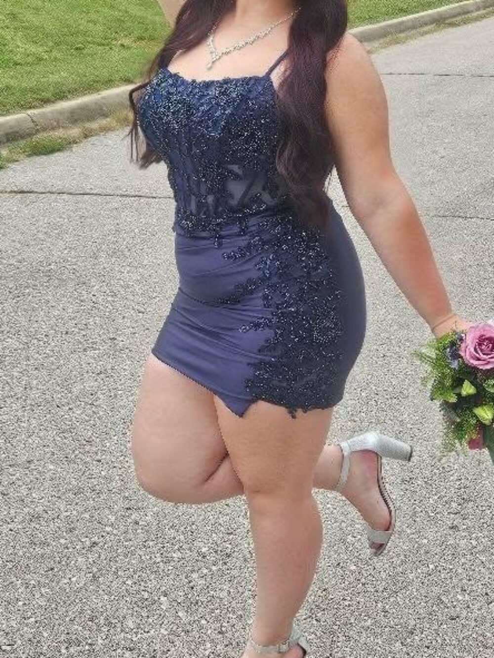 Navy HOCO Embellished Lace-Trim Bodycon Dress - Women